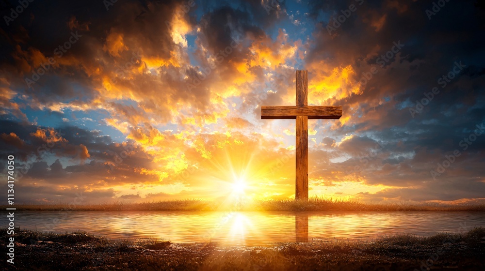 Crucifix faith religion wood concept. A serene sunset behind a wooden cross reflecting on water. Crucifix faith religion wood concept. A serene sunset behind a wooden cross reflecting on water.