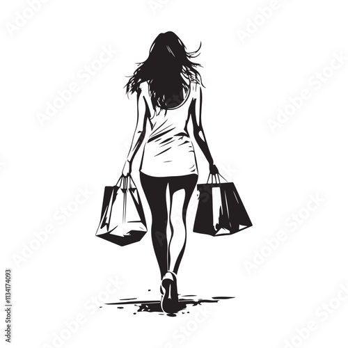 A woman carrying shopping bags is walking stock image vector isolated on white background.