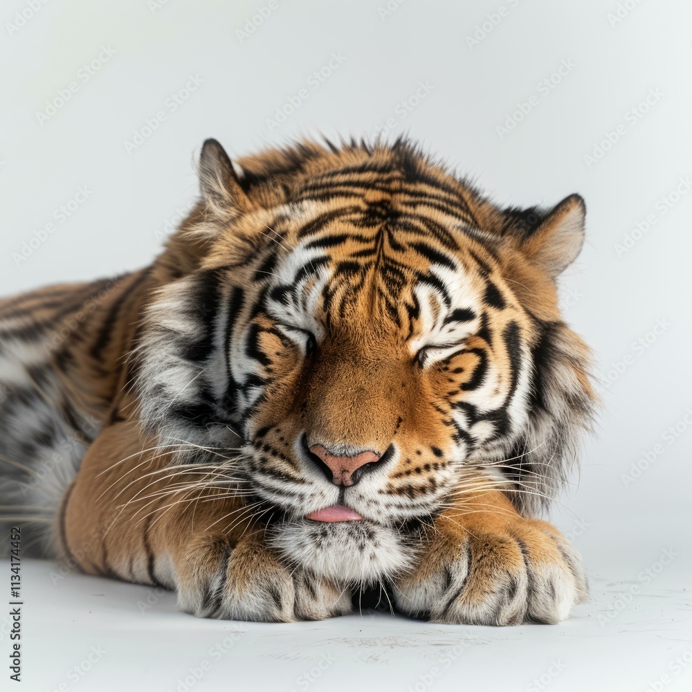 Studio shot of a tiger sleeping peacefully with its eyes closed on a white background Studio shot of a tiger sleeping peacefully with its eyes closed on a white background