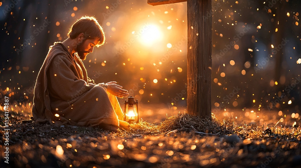 Crucifix faith religion wood concept. A figure in a robe kneels by a cross, holding a lantern, illuminated by a warm sunset glow. Crucifix faith religion wood concept. A figure in a robe kneels by a cross, holding a lantern, illuminated by a warm sunset glow.
