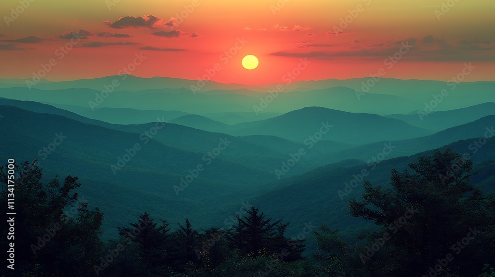 Naklejka premium Majestic Sunset Over Rolling Mountain Ranges