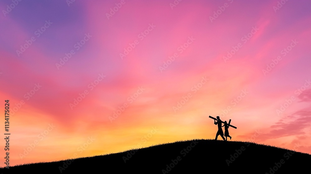 Obraz premium Crucifix faith religion wood concept. Silhouetted figures joyfully celebrate against a vibrant sunset backdrop.