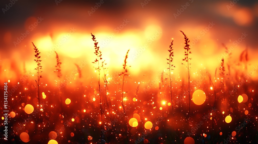Obraz premium Fiery Sunset Illuminates Silhouetted Grass Blades