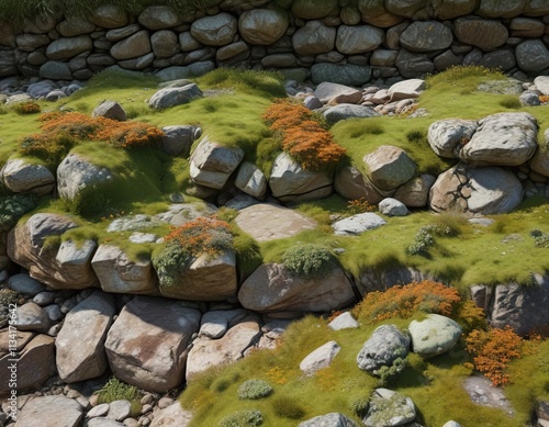 Stone wall covered in moss and lichen with a dry riverbed at its base , ancient, brown, faded photo