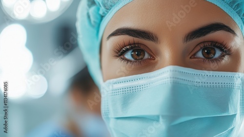 A focused medical professional with a surgical mask, working in a clean operating room.