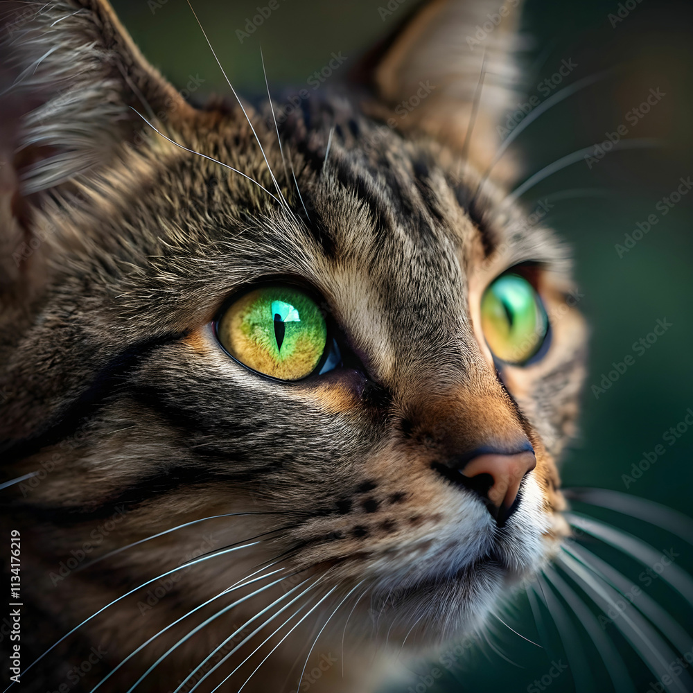 The cat's mesmerizing eyes are a vivid, captivating shade of emerald green. The cat's mesmerizing eyes are a vivid, captivating shade of emerald green.