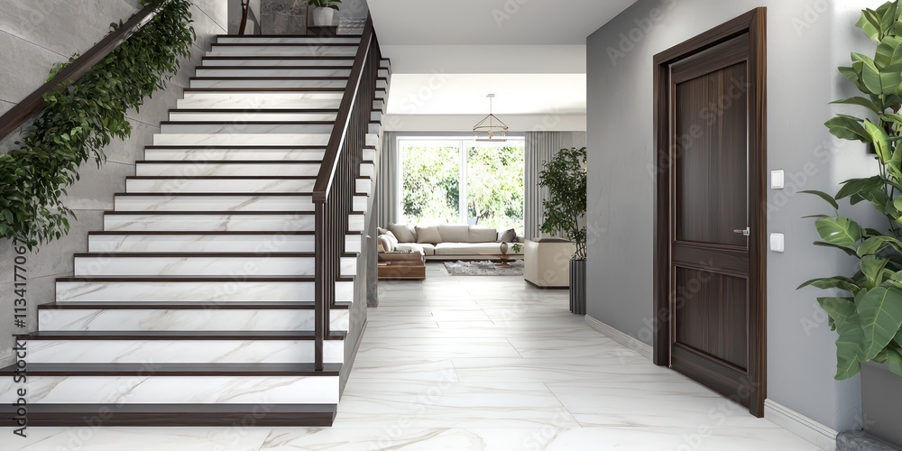 Spacious modern staircase with marble steps and a wooden door, leading to a bright living area. Spacious modern staircase with marble steps and a wooden door, leading to a bright living area.
