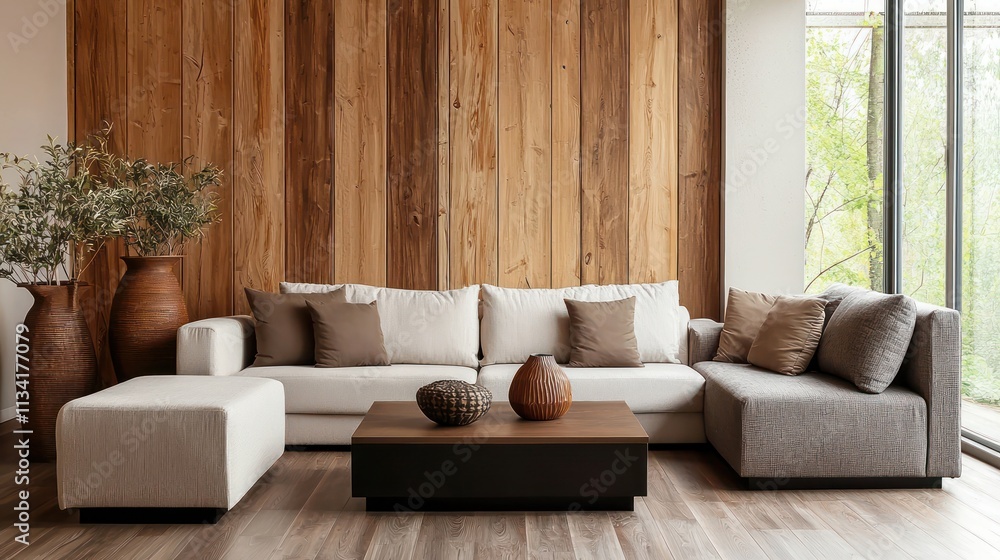 Bright, modern living room with wooden panels, grey sofa, and a stylish coffee table.
