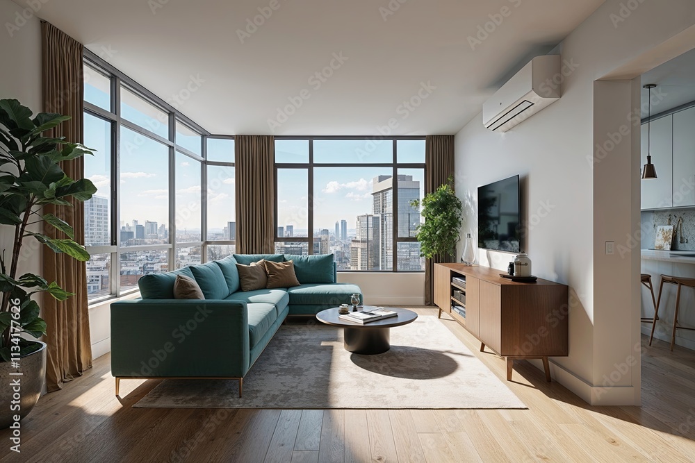 Fototapeta premium Sunlit Urban Apartment 3D Visualization with Open Spaces and Modern Design