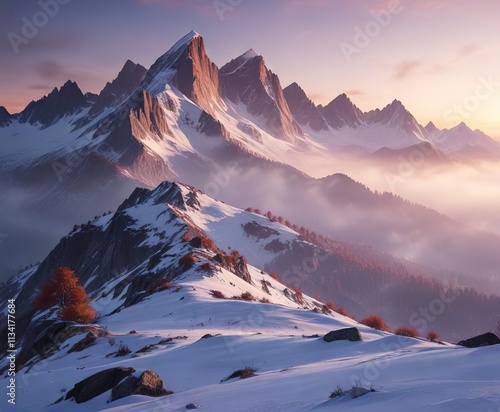 Misty veil rises over the snow-capped Herzogstand mountain in the fading light of an alpine evening, valley, wildflowers photo