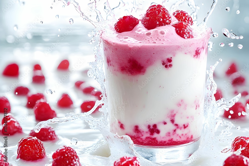 A refreshing Raspberry Yogurt Smoothie dessert with a splash of cream, showcasing vibrant colors and a lively presentation. A refreshing Raspberry Yogurt Smoothie dessert with a splash of cream, showcasing vibrant colors and a lively presentation.