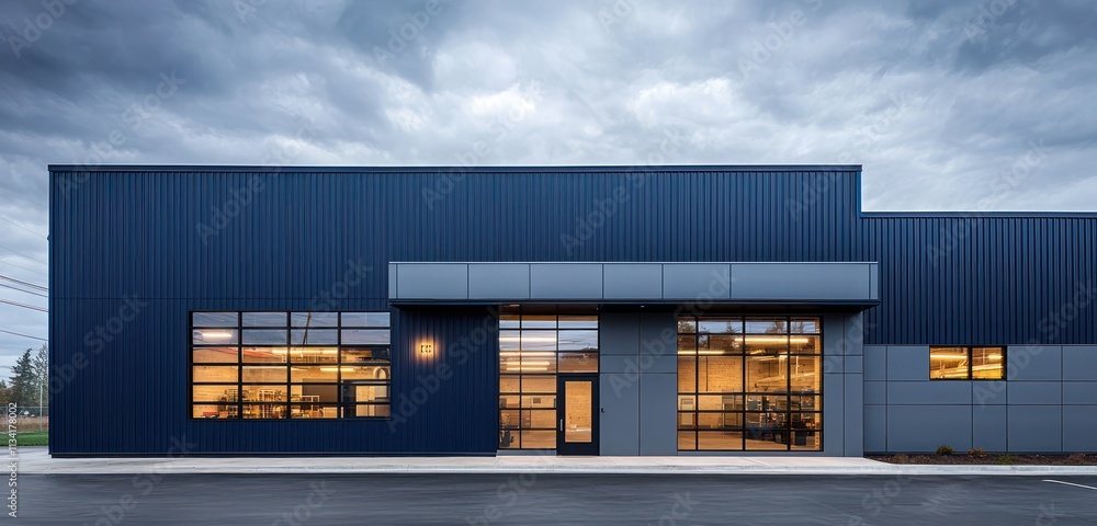 A warehouse with dark blue panels, large windows, and a clean, modern door entrance. A warehouse with dark blue panels, large windows, and a clean, modern door entrance.