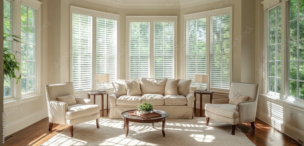 Elegant modern lounge featuring white roller blinds on bay windows and cozy soft-toned furniture.