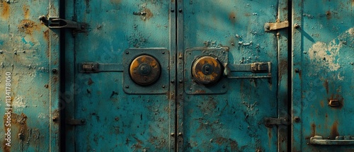 A weathered blue metal door with rust and peeling paint, suggesting age and neglect.