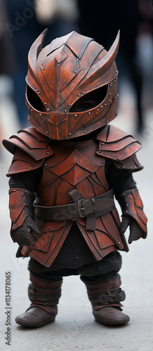 Child dressed as a fantasy warrior with a fierce expression and brown armor in an outdoor environment photo