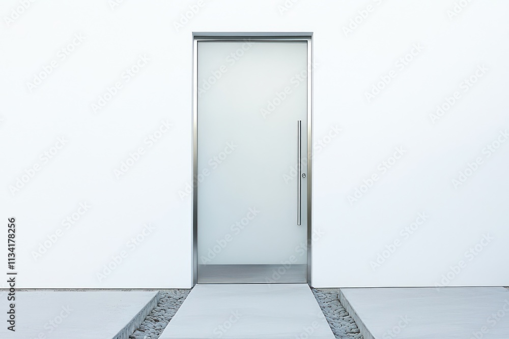 Contemporary aluminum door with frosted glass and polished stone pathway leading to the entrance. Contemporary aluminum door with frosted glass and polished stone pathway leading to the entrance.