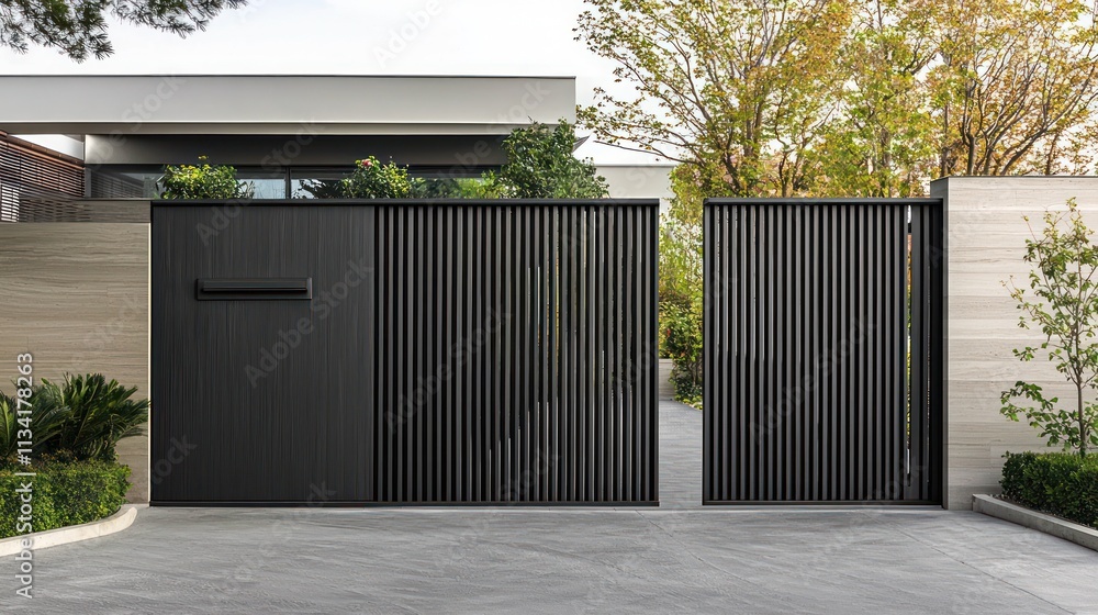 Charcoal wood slat entrance gate, blending sleek design with functionality for modern homes.