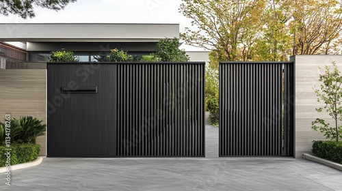 Obraz na płótnie Charcoal wood slat entrance gate, blending sleek design with functionality for modern homes. w salonie