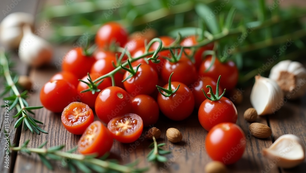 A heap of ripe cherry tomatoes alongside fresh garlic and herbs creates a fresh, inviting scene, perfect for cooking and healthy meal preparation A heap of ripe cherry tomatoes alongside fresh garlic and herbs creates a fresh, inviting scene, perfect for cooking and healthy meal preparation