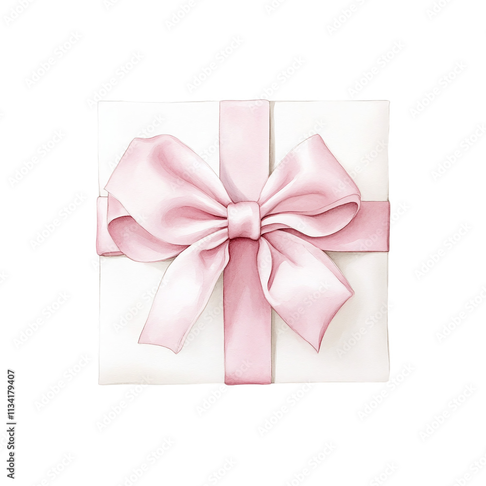 Watercolor illustration of a cream gift box with a pink bow, perfect for elegant and festive designs. Watercolor illustration of a cream gift box with a pink bow, perfect for elegant and festive designs.