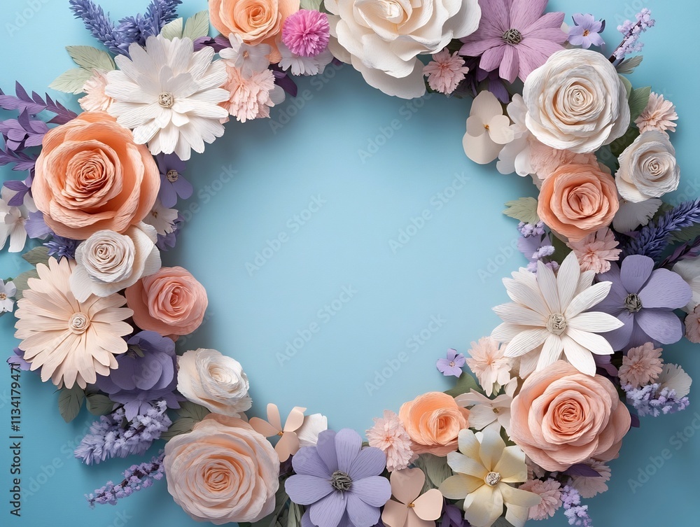 Elegant Floral Wreath with Handcrafted Paper Blooms in Pastel Shades Elegant Floral Wreath with Handcrafted Paper Blooms in Pastel Shades