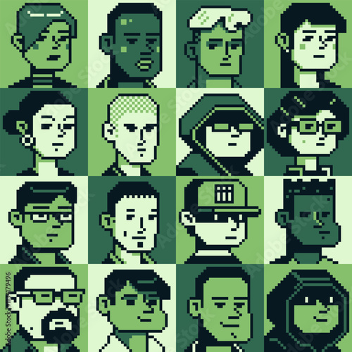 Pixel art people character set, man, woman, girl, guy, avatar, social net portrait, profile picture. Design of 80s. Game assets. 8-bit. Isolated vector illustration background.