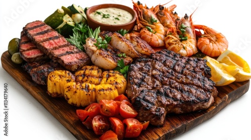 A gourmet barbecue platter featuring grilled seafood, steak, and vegetables, beautifully presented on a white background photo