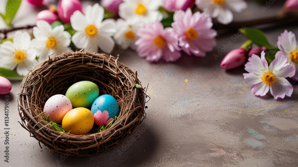 A cozy nest holds colorful Easter eggs amidst pink flowers, set against a softly blurred background, symbolizing the joy and renewal of springtime celebrations A cozy nest holds colorful Easter eggs amidst pink flowers, set against a softly blurred background, symbolizing the joy and renewal of springtime celebrations