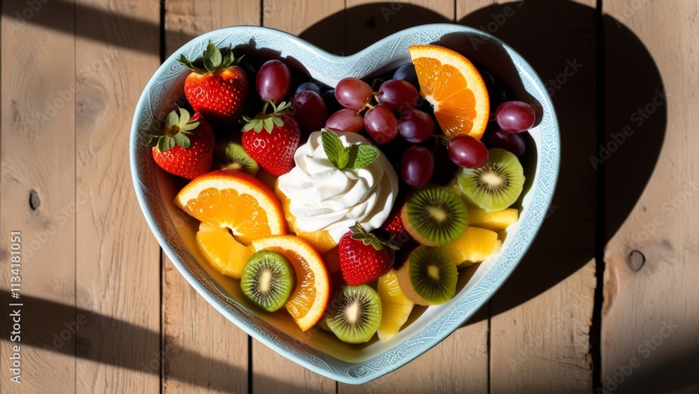 A heart-shaped bowl overflows with fresh fruits like strawberries, oranges, and kiwis, topped with whipped cream, making a colorful and healthy dessert A heart-shaped bowl overflows with fresh fruits like strawberries, oranges, and kiwis, topped with whipped cream, making a colorful and healthy dessert