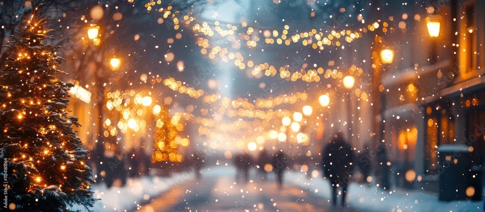 Fototapeta premium Snowy Christmas street scene at night with blurred lights and people.