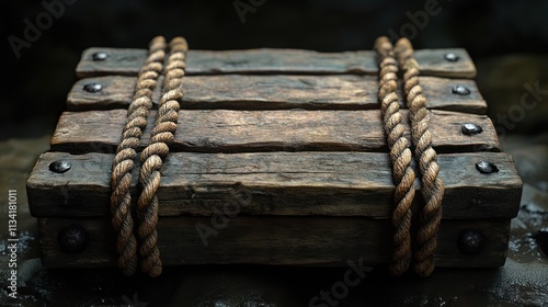 Ancient Wooden Crate Bound by Rope: A Relic of the Past photo