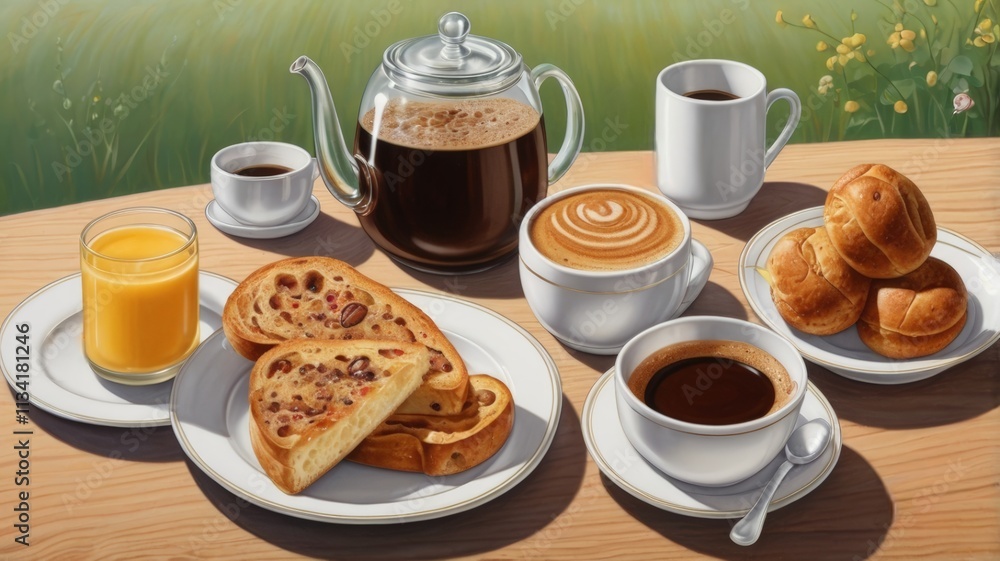 A cozy breakfast setup includes a teapot, multiple cups of coffee, and sweet pastries, complemented by orange juice, inviting a warm morning experience A cozy breakfast setup includes a teapot, multiple cups of coffee, and sweet pastries, complemented by orange juice, inviting a warm morning experience