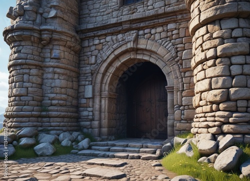 Weathered stones of an ancient castle's entrance, eerie, stone photo