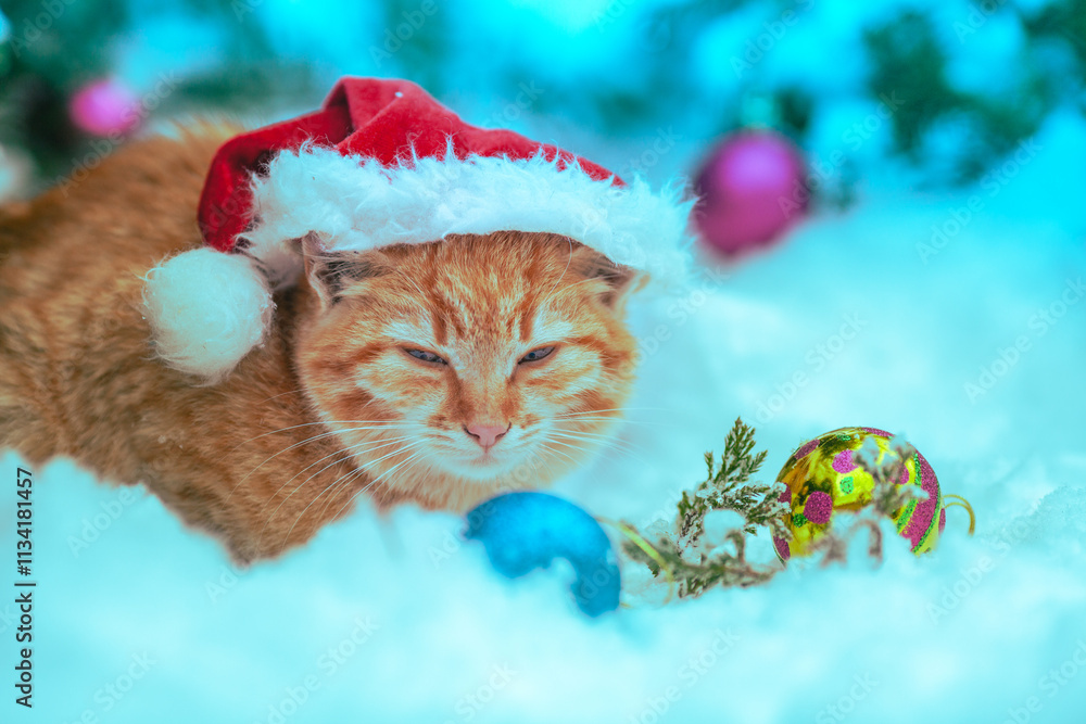 Portrait of cute funny ginger kitten in Santa hat lying on snow in winter