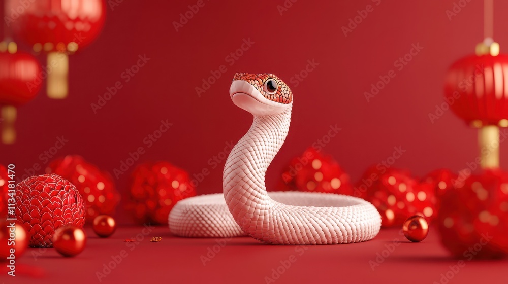 Obraz premium A white snake coils amidst red decorations, including lanterns and ornaments, creating a vibrant, festive atmosphere.