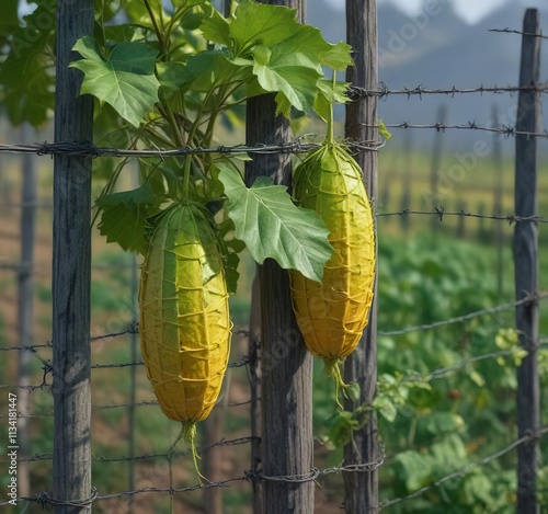 Bitter melon leaves and stems wrapped around a wire fence post, leafy greens, greenery photo