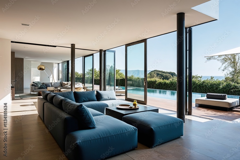 Fototapeta premium Elegant Visual Design of a Modern Relaxation Zone Featuring Spacious Openings and a Sectional Sofa