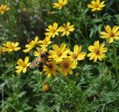 Bee collecting pollen from Coreopsis verticillata flowers amidst lush greenery, garden, pollination, vegetation photo