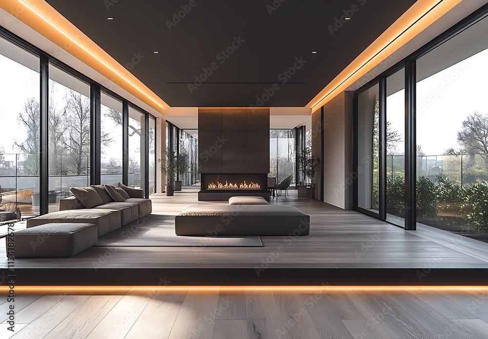 Naklejka premium Modern Living Room Design With Fireplace And Large Windows