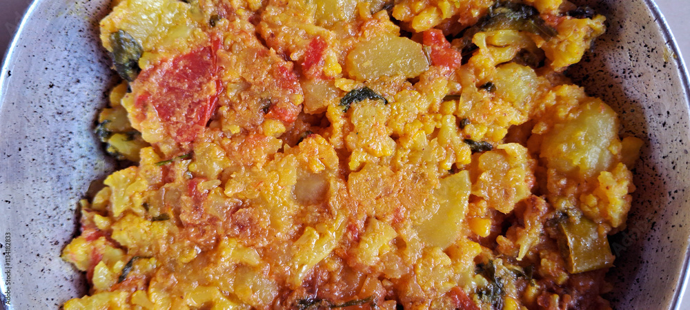 A close-up of a vibrant vegetable curry features chunks of potatoes, tomatoes, and spinach in a rich, spiced sauce. The dish is served in a speckled gray bowl, highlighting the colorful ingredients. A close-up of a vibrant vegetable curry features chunks of potatoes, tomatoes, and spinach in a rich, spiced sauce. The dish is served in a speckled gray bowl, highlighting the colorful ingredients.