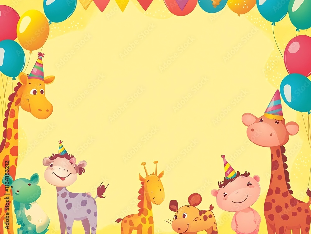 Bright and Playful Children s Party Invitation with Cartoon Animals and Festive Decor Bright and Playful Children s Party Invitation with Cartoon Animals and Festive Decor