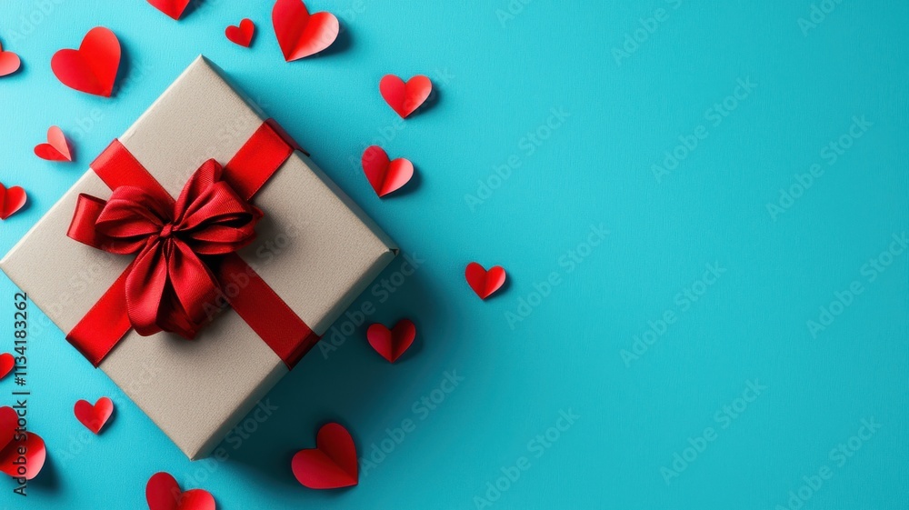 A beautifully wrapped gift box adorned with a red ribbon, surrounded by heart-shaped decorations on a vibrant turquoise background. A beautifully wrapped gift box adorned with a red ribbon, surrounded by heart-shaped decorations on a vibrant turquoise background.