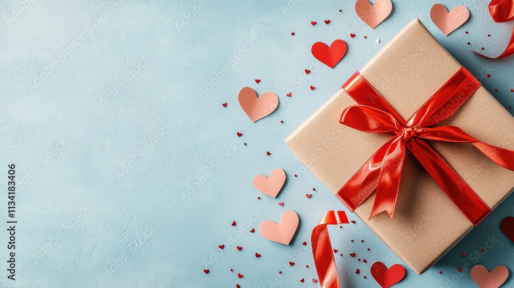 A beautifully wrapped gift with a red ribbon sits on a light blue background, surrounded by pink hearts and festive confetti. A beautifully wrapped gift with a red ribbon sits on a light blue background, surrounded by pink hearts and festive confetti.