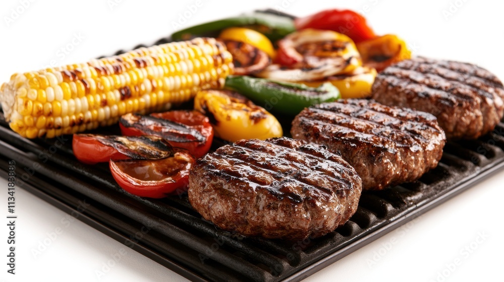 A high-end gas grill with grilled corn, vegetables, and juicy burgers, isolated on a white background, emphasizing the food's texture A high-end gas grill with grilled corn, vegetables, and juicy burgers, isolated on a white background, emphasizing the food's texture