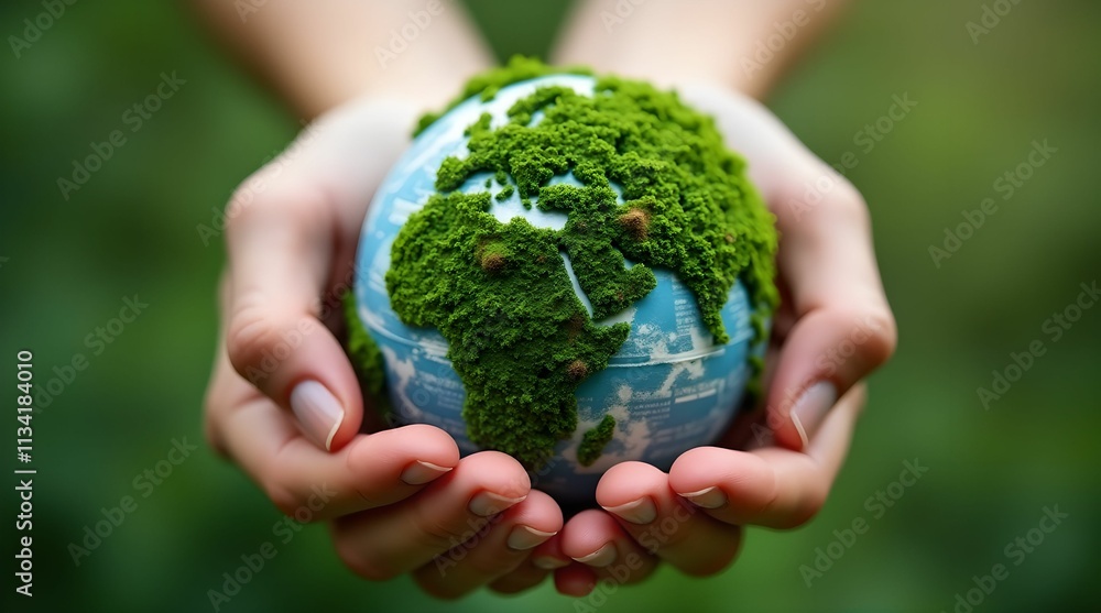 Female hands holding a globe - the Earth is covered with lush green foliage, symbolizing environmental awareness and sustainable development. Female hands holding a globe - the Earth is covered with lush green foliage, symbolizing environmental awareness and sustainable development.