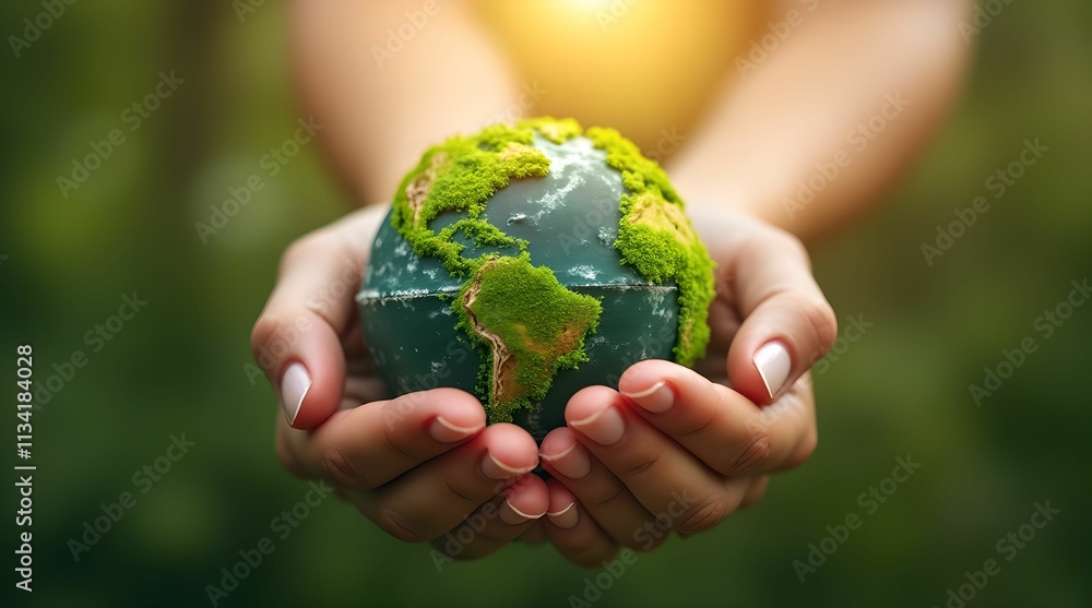 Female hands holding a globe - the Earth is covered with lush green foliage, symbolizing environmental awareness and sustainable development. Female hands holding a globe - the Earth is covered with lush green foliage, symbolizing environmental awareness and sustainable development.