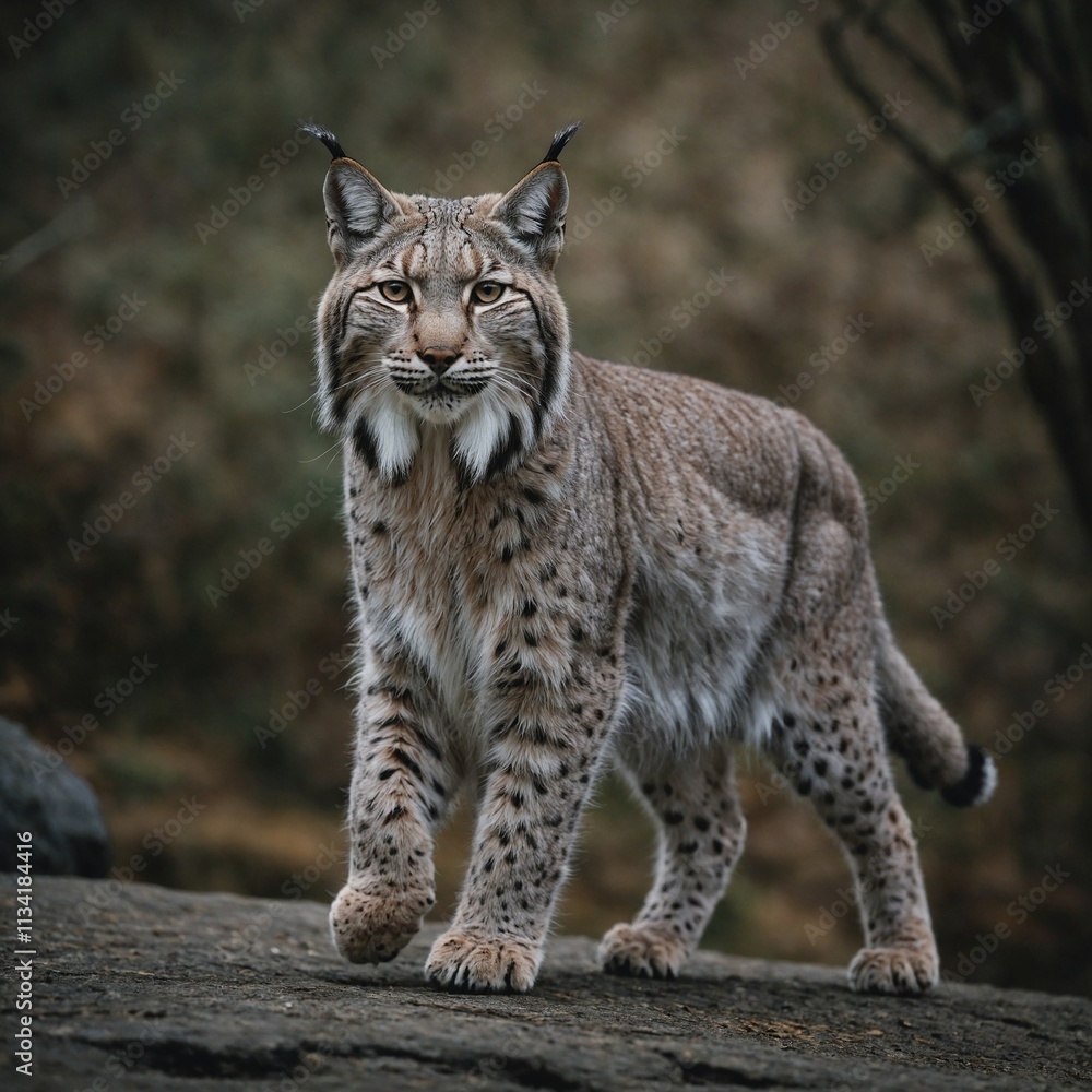 A sleek lynx walking gracefully on a neutral surface. A sleek lynx walking gracefully on a neutral surface.