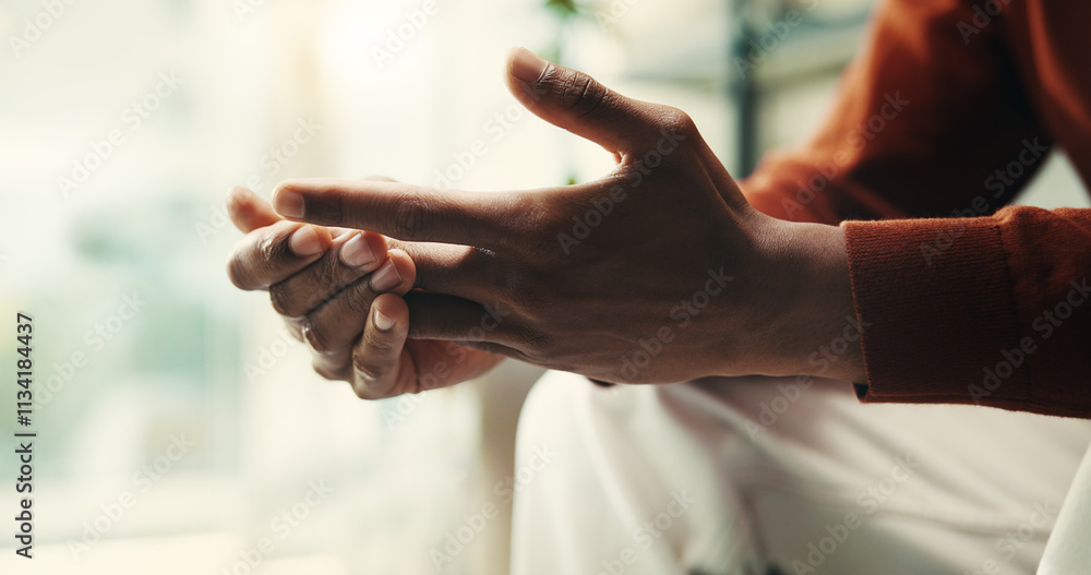 Hands, man and worry as mistake, anxiety and stress for mental health, wellness and burnout in home. Male person, nervous and frustrated in psychology for depression, support and advice with closeup Hands, man and worry as mistake, anxiety and stress for mental health, wellness and burnout in home. Male person, nervous and frustrated in psychology for depression, support and advice with closeup
