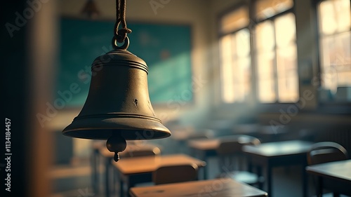 Close-up of classic school bell hanging in classroom.