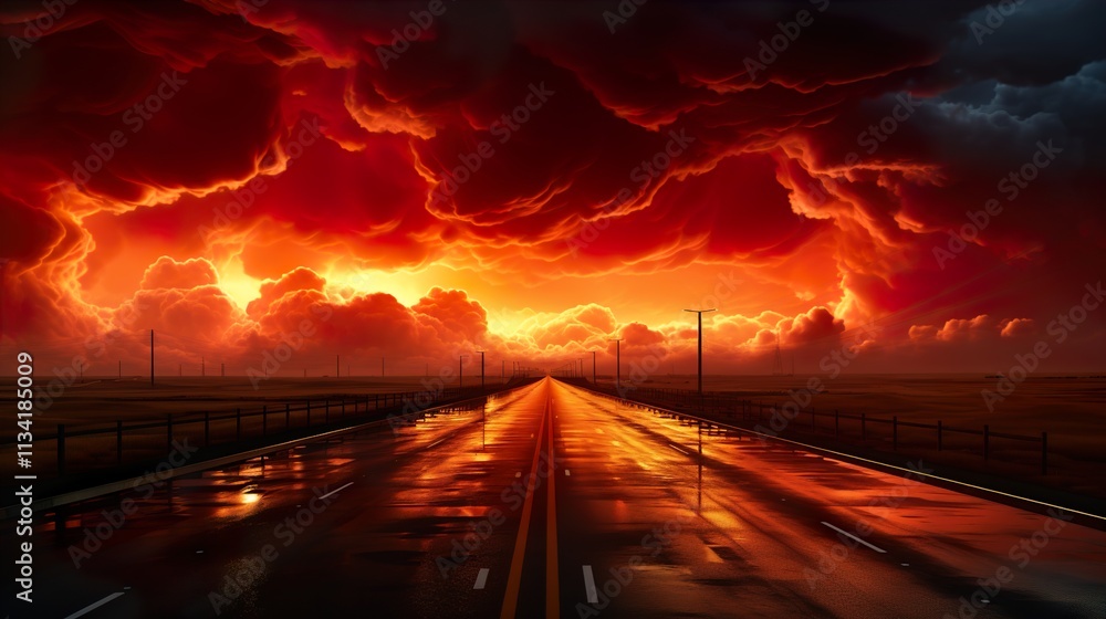 Obraz premium Red sky landscape with intense thunderstorms in an exquisite 4k wallpaper.